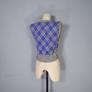 40s SIDE BUTTONED BLUE AND GREY WOOL TANK TOP / JUMPER - S-M