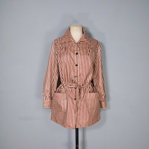 70s YELLOW AND BROWN STRIPE LIGHTWEIGHT DRAWSTRING MAC JACKET - M