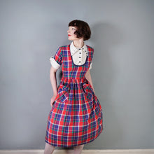 Load image into Gallery viewer, 50s COLOURED BLUE AND RED PLAID DRESS WITH CONTRAST COLLAR AND BIB - M