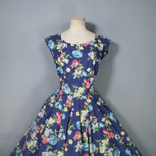Load image into Gallery viewer, 50s ST MICHAEL NAVY BLUE AND COLOURFUL FLORAL PRINT COTTON DAY DRESS - M