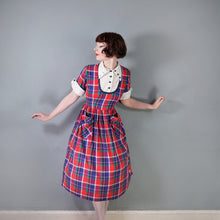 Load image into Gallery viewer, 50s COLOURED BLUE AND RED PLAID DRESS WITH CONTRAST COLLAR AND BIB - M