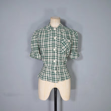 Load image into Gallery viewer, 40s style WHITE AND GREEN CHECK PUFF SLEEVE WORK SHIRT - M