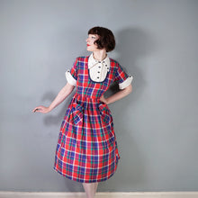 Load image into Gallery viewer, 50s COLOURED BLUE AND RED PLAID DRESS WITH CONTRAST COLLAR AND BIB - M