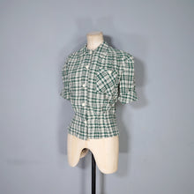 Load image into Gallery viewer, 40s style WHITE AND GREEN CHECK PUFF SLEEVE WORK SHIRT - M