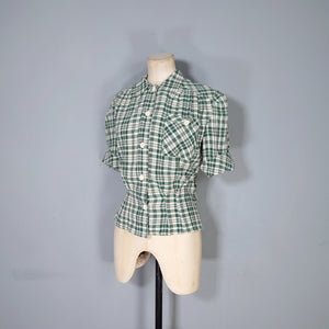 40s style WHITE AND GREEN CHECK PUFF SLEEVE WORK SHIRT - M