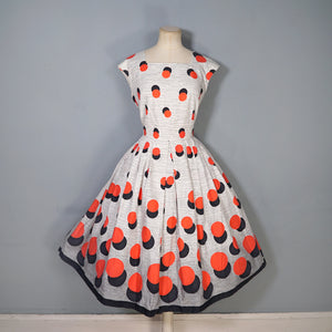 50s HANDMADE BOLD BLACK AND RED DOT BORDER PRINT DAY DRESS - M