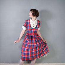 Load image into Gallery viewer, 50s COLOURED BLUE AND RED PLAID DRESS WITH CONTRAST COLLAR AND BIB - M