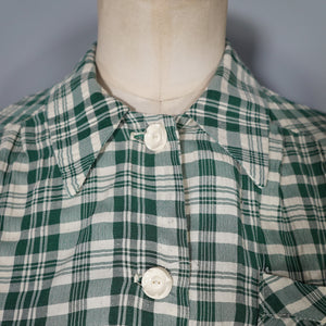 40s style WHITE AND GREEN CHECK PUFF SLEEVE WORK SHIRT - M