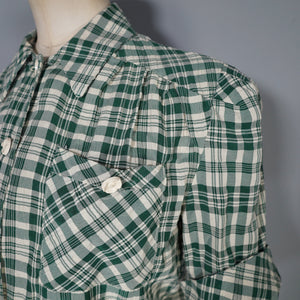 40s style WHITE AND GREEN CHECK PUFF SLEEVE WORK SHIRT - M