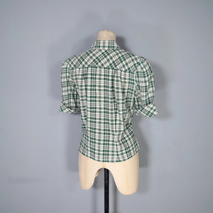 40s style WHITE AND GREEN CHECK PUFF SLEEVE WORK SHIRT - M