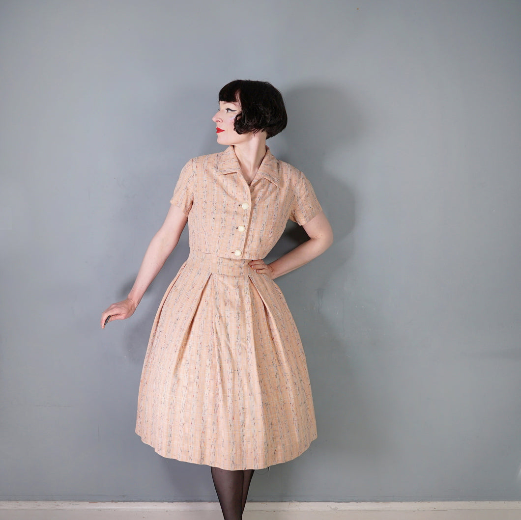 60s PEACH DAY DRESS AND CROPPED BOLERO WITH RAINBOW FLECKS - L