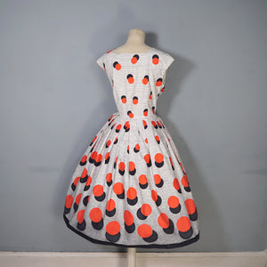 50s HANDMADE BOLD BLACK AND RED DOT BORDER PRINT DAY DRESS - M