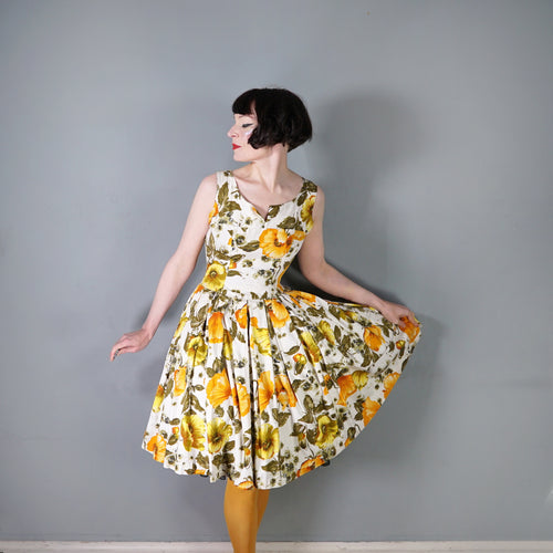 60s AUTUMNAL YELLOW AND ORANGE FLORAL DRESS WITH PETTICOAT - S