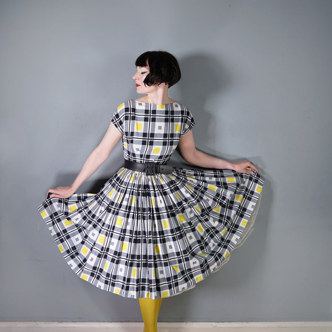 HANDMADE 50s / 60s YELLOW AND BLACK CHECK FULL SKIRTED DRESS - S