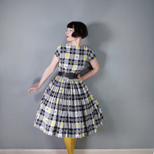 Load image into Gallery viewer, HANDMADE 50s / 60s YELLOW AND BLACK CHECK FULL SKIRTED DRESS - S
