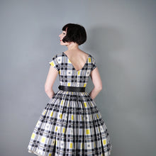 Load image into Gallery viewer, HANDMADE 50s / 60s YELLOW AND BLACK CHECK FULL SKIRTED DRESS - S