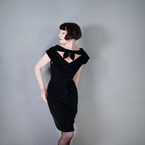 80s DOES 50s NIAGARA STYLE CUT OUT NECK VELVET WIGGLE DRESS - S-M