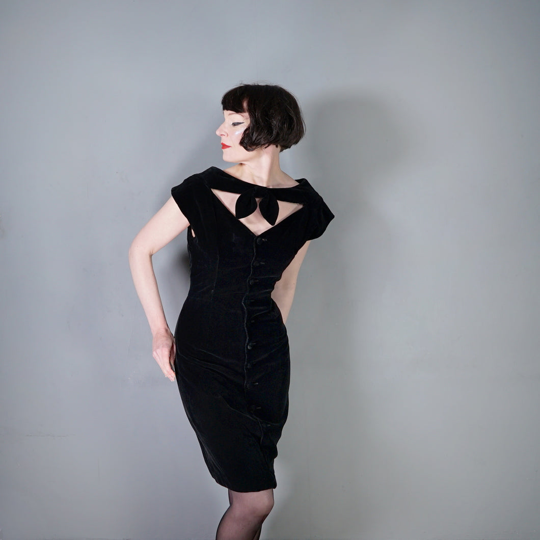 80s DOES 50s NIAGARA STYLE CUT OUT NECK VELVET WIGGLE DRESS - S-M