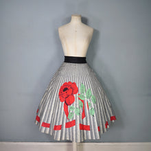 Load image into Gallery viewer, 50s MARGARET DREW ROSE AND RIBBON PRINT GREY FULL SKIRT - 26.5"