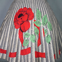 Load image into Gallery viewer, 50s MARGARET DREW ROSE AND RIBBON PRINT GREY FULL SKIRT - 26.5"