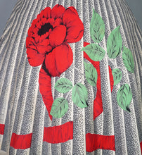 Load image into Gallery viewer, 50s MARGARET DREW ROSE AND RIBBON PRINT GREY FULL SKIRT - 26.5"