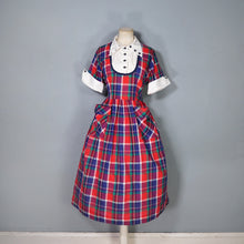 Load image into Gallery viewer, 50s COLOURED BLUE AND RED PLAID DRESS WITH CONTRAST COLLAR AND BIB - M