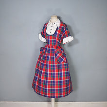 Load image into Gallery viewer, 50s COLOURED BLUE AND RED PLAID DRESS WITH CONTRAST COLLAR AND BIB - M