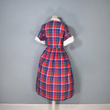 Load image into Gallery viewer, 50s COLOURED BLUE AND RED PLAID DRESS WITH CONTRAST COLLAR AND BIB - M