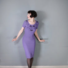 Load image into Gallery viewer, 50s SNYDERKNIT LAVENDER BOUCLE KNIT WIGGLE DRESS WITH BEADED NECKLINE - XS-S