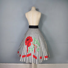 Load image into Gallery viewer, 50s MARGARET DREW ROSE AND RIBBON PRINT GREY FULL SKIRT - 26.5"