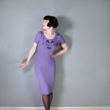 Load image into Gallery viewer, 50s SNYDERKNIT LAVENDER BOUCLE KNIT WIGGLE DRESS WITH BEADED NECKLINE - XS-S