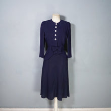 Load image into Gallery viewer, 40s NAVY BLUE RAYON TWO PIECE BOW BLOUSE AND SKIRT DRESS SET - XS-S
