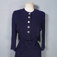 Load image into Gallery viewer, 40s NAVY BLUE RAYON TWO PIECE BOW BLOUSE AND SKIRT DRESS SET - XS-S