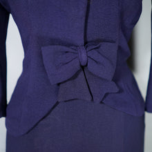 Load image into Gallery viewer, 40s NAVY BLUE RAYON TWO PIECE BOW BLOUSE AND SKIRT DRESS SET - XS-S