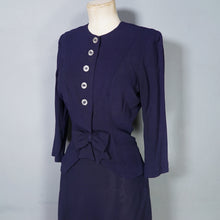 Load image into Gallery viewer, 40s NAVY BLUE RAYON TWO PIECE BOW BLOUSE AND SKIRT DRESS SET - XS-S