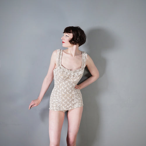 50s DE WEESE LACE SPIDER WEB AND BUTTERFLY RHINESTONED SWIMSUIT - XS