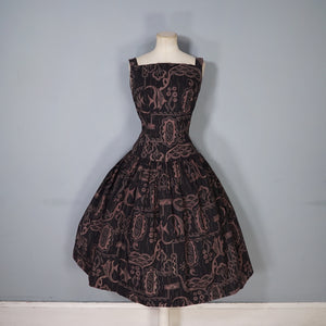 50s DARK BROWN HAWAIIAN STYLE FISH PRINT FULL SKIRTED DRESS - S