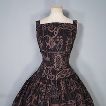 Load image into Gallery viewer, 50s DARK BROWN HAWAIIAN STYLE FISH PRINT FULL SKIRTED DRESS - S