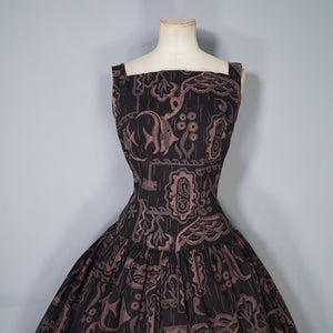 50s DARK BROWN HAWAIIAN STYLE FISH PRINT FULL SKIRTED DRESS - S
