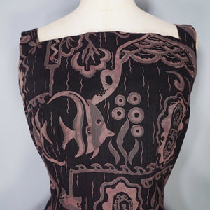 50s DARK BROWN HAWAIIAN STYLE FISH PRINT FULL SKIRTED DRESS - S