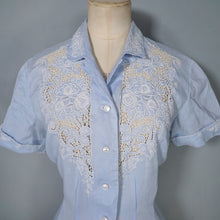 Load image into Gallery viewer, 50s PASTEL BLUE LINEN BLOUSE WITH FLORAL CUTWORK EMBROIDERY - S-M