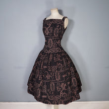 Load image into Gallery viewer, 50s DARK BROWN HAWAIIAN STYLE FISH PRINT FULL SKIRTED DRESS - S