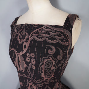 50s DARK BROWN HAWAIIAN STYLE FISH PRINT FULL SKIRTED DRESS - S