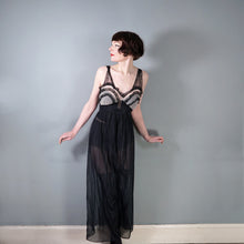 Load image into Gallery viewer, 50s 60s SHEER LONG BLACK NYLON SLIP / GOWN WITH RUFFLED BUST - XS-S