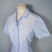 Load image into Gallery viewer, 50s PASTEL BLUE LINEN BLOUSE WITH FLORAL CUTWORK EMBROIDERY - S-M