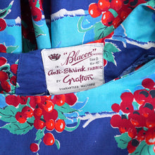 Load image into Gallery viewer, 50s BLUE RED &quot;BLACON&quot; GRAPE / FRUIT PRINT FULL SKIRTED DRESS - M