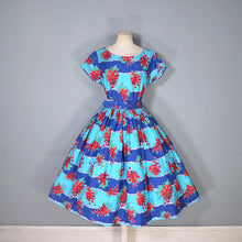 Load image into Gallery viewer, 50s BLUE RED &quot;BLACON&quot; GRAPE / FRUIT PRINT FULL SKIRTED DRESS - M