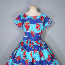 Load image into Gallery viewer, 50s BLUE RED &quot;BLACON&quot; GRAPE / FRUIT PRINT FULL SKIRTED DRESS - M