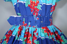 Load image into Gallery viewer, 50s BLUE RED &quot;BLACON&quot; GRAPE / FRUIT PRINT FULL SKIRTED DRESS - M