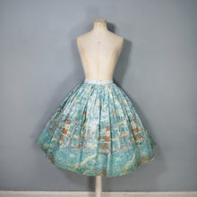 Load image into Gallery viewer, 50s 60s GREEN AND BLUE IMPRESSIONIST VILLAGE LANDSCAPE NOVELTY PRINT SKIRT - 25"